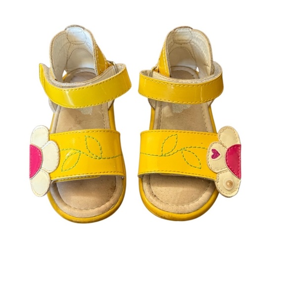 Umi Other - Umi Yellow Leather Flower Strap Sandals with Pink Accent